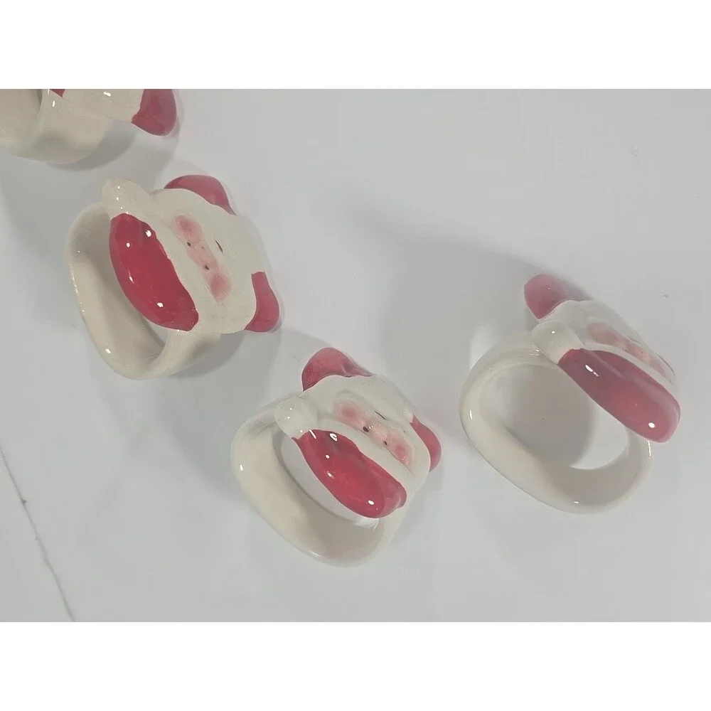 8 Vintage Santa Claus Ceramic 80's Christmas Table Napkin Rings/Holders
